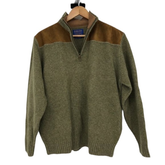 Pendleton Shetland Wool Olive Green Quarter Zip suede elbow patch sweater SP - Picture 1 of 16